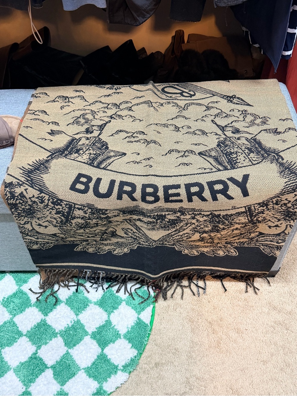 Burberry Beige and Black Jacquard Logo Throw Scarf